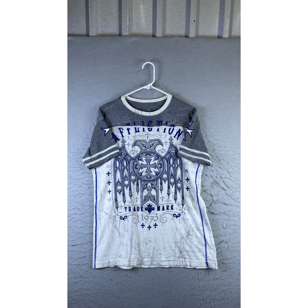 Affliction Graphic T Shirt Mens M White Grey Good Y2K Gothic Cross Distressed
